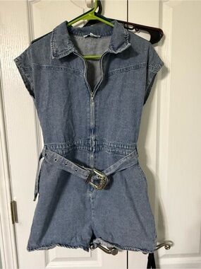 Denim Zip-Front Romper with Belt - Light Blue